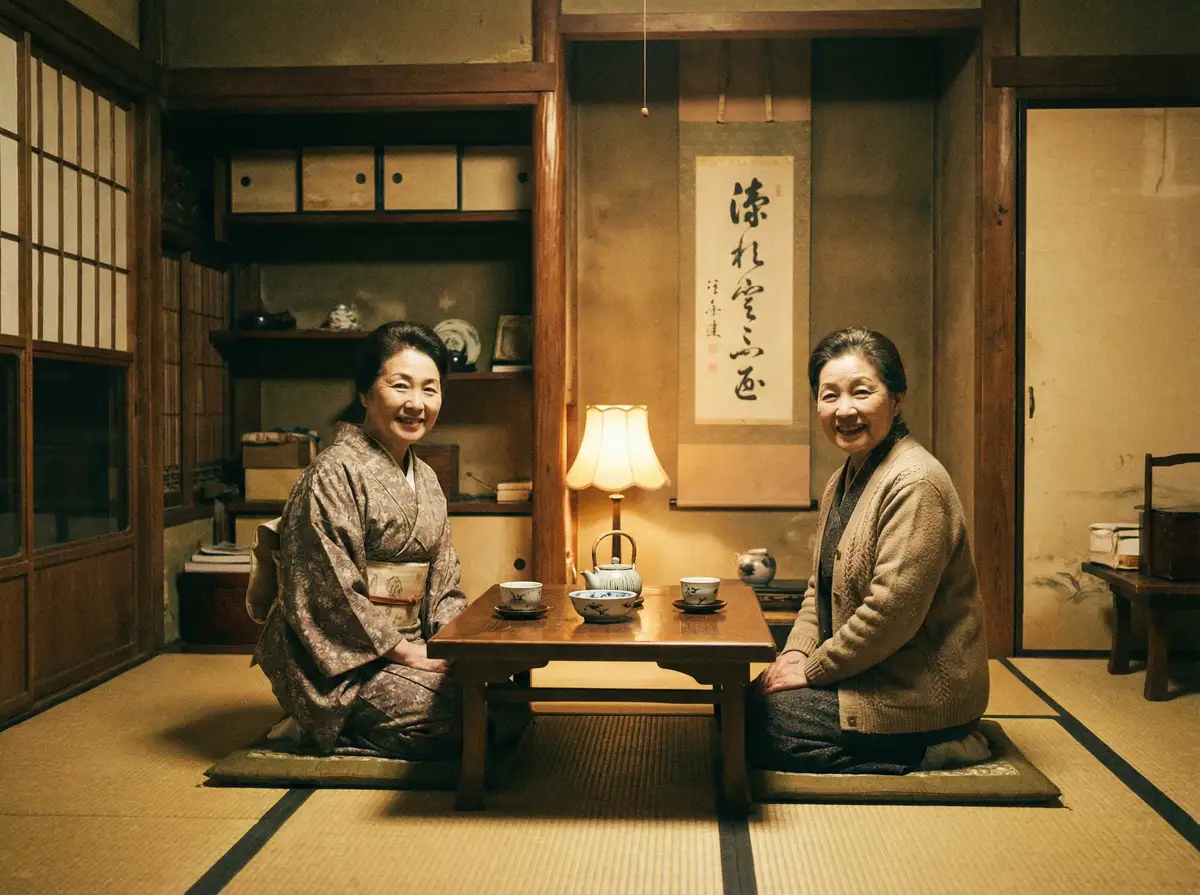 两位优雅的 人体艺术 在日式茶室中品茶交谈